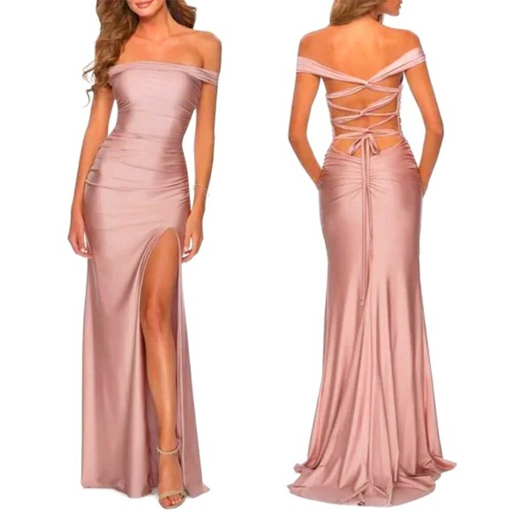 New LA FEMME Off-shoulders Gown Lace-up Back Sweep Train Mauve 14 MSRP $348